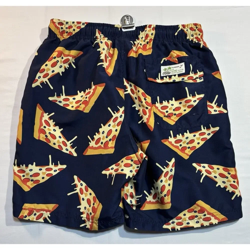 U.S. Surf Club Pizza Print Swim Trunks Mens Small Blue Mesh Lined Beach Shorts